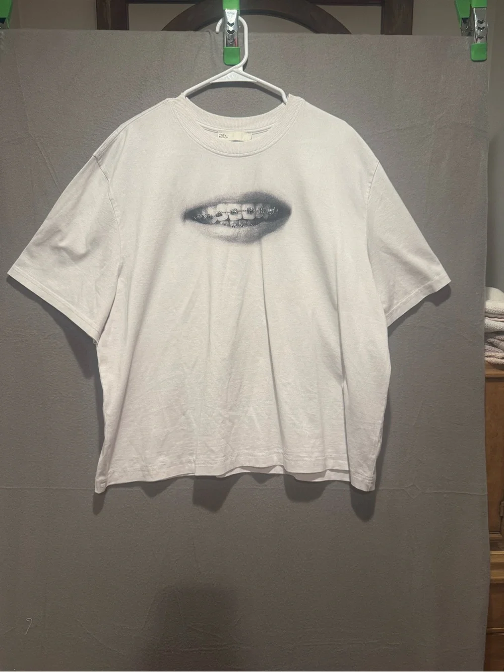 Tory Burch White Short Sleeve Tee with Black Lip Graphic and Bedazzled Braces